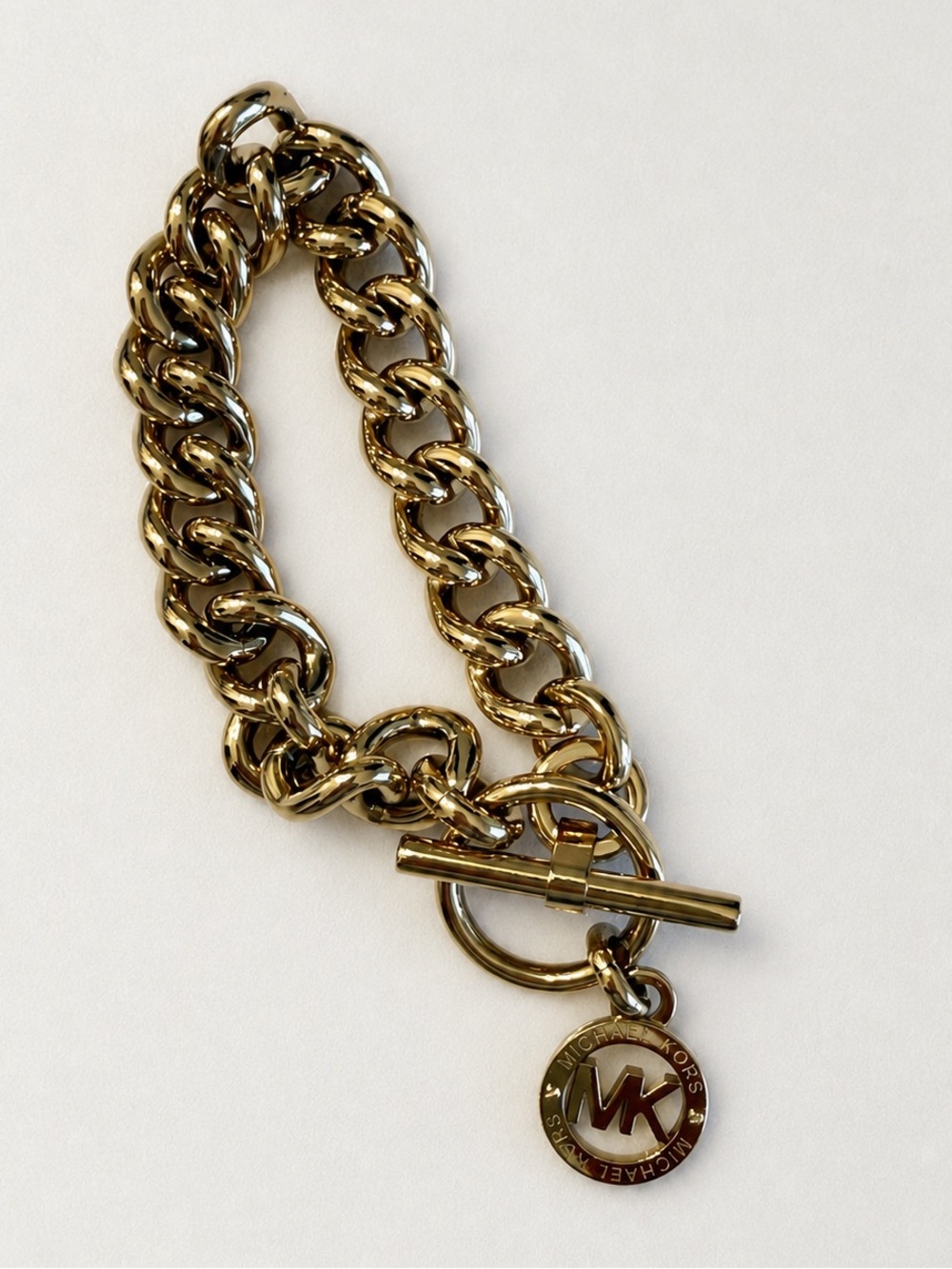 Michael Kors Gold Tone Chunky Chain Toggle MK Logo Charm Bracelet